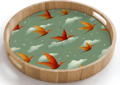 Dienblad rond 40x40 cm - Schootdienblad hout - Dinosaurussen - Wolken - Sterren - Oranje - Borrelplank rechthoek - Plateau houten dienbladen