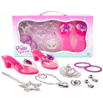 Ensemble de Bijoux Jouets pour Filles Chaussures en Cristal Collier Couronne Boucles d'Oreilles Bracelet Maquillage de Jeu Déguisement Jouets de Princesse pour Enfants Jeu de Rôle pink