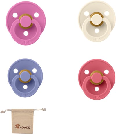 Bibs fopspeen - maat 2 6-18 maanden - 4 stuks – Ivory - Bubblegum – Peri – Dusty Pink + Monkiezz speenzakje