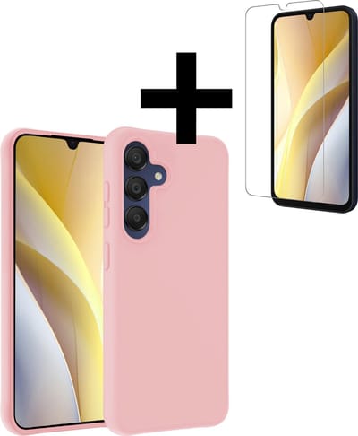 Hoesje - Met Screenprotector - Geschikt voor Samsung Galaxy A15 - Sterk & Shockproof - Back Cover - Siliconen Case - Telefoon Hoes - Telefoonhoesjes - Lichtroze