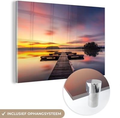 Glasschilderij - Schilderij natuur - Zonsondergang - Water - Pier - Landschap - Acrylplaat - Foto op glas - Glazen schilderij - Glas schilderij - Acrylglas - 150x100 cm - Schilderijen woonkamer