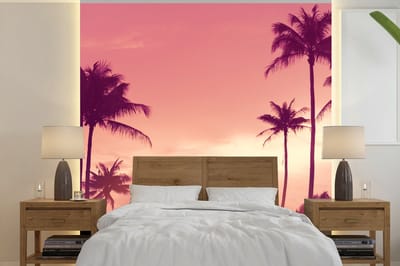 Behang - Fotobehang Lucht - Palmboom - Avond - Natuur - Tropisch - Breedte 280 cm x hoogte 280 cm
