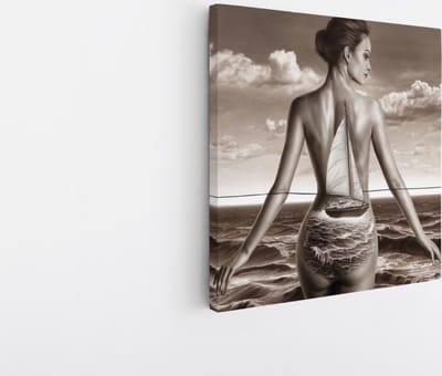 Saammp Canvas Schilderij - Vrouw met doorkijk van een boot - abstract - 20x20 - Foto op canvas - Wanddecoratie - Muurdecoratie Woonkamer - Slaapkamer decoratie - Canvas Print