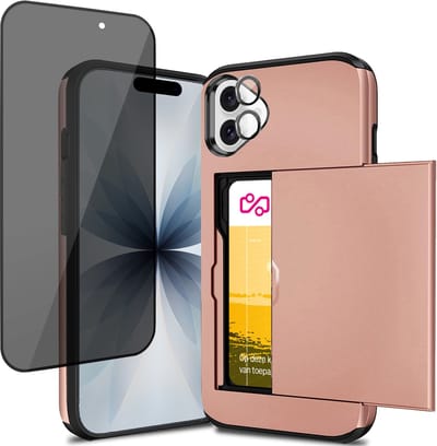 Hoesje met Pasjeshouder geschikt voor iPhone 17 - Privacy Screenprotector FullGuard & Camera Lens Screen Protector Zwart - Back Cover SlideCase Roségoud