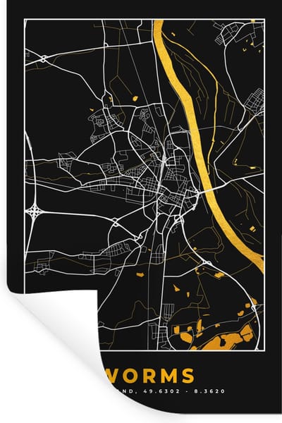 Muurstickers - Sticker Folie - Black and Gold – Stadskaart – Worms – Duitsland – Plattegrond – Kaart - 20x30 cm - Plakfolie - Muurstickers Kinderkamer - Zelfklevend Behang - Zelfklevend behangpapier - Stickerfolie