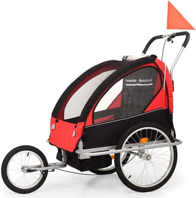 Fietskar Kinderwagen - Dubbelzitje Aanhanger - Actief Gezin - 2-in-1 Functionaliteit - 40kg Max Gewicht - Zwart Rood