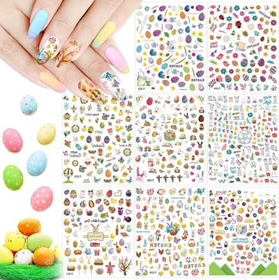 8 Vellen Paas Nagelstickers, 3D Nail Art Decals met Konijnen, Eieren en Kippen voor Vrouwen, Meisjes en Kinderen voor Creatieve Nagelontwerpen