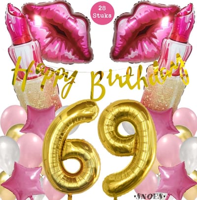Snoes Mega Beauty Helium Ballonnen Set 69 Jaar - Roze Helium Folieballonnen - Slinger Happy Birthday Goud