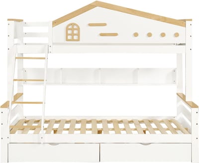 Wishdor Stapelbed 90x200 & 140x200 cm - Open Schap & 2 Lades - Schuine Ladder - Wit/Naturel Hout - Ruim & Compleet