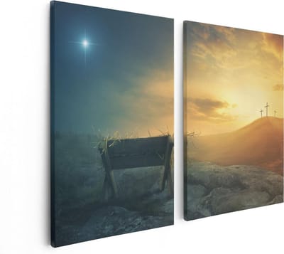 Artaza Canvas Schilderij Tweeluik Kribbe en Drie Kruisen  - 80x60 - Foto Op Canvas - Canvas Print