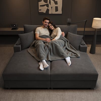 Tweepersoons Slaapbank met Slaapfunctie, Gewatteerd Ligvlak, Telefoonhouder, USB-poort en Bekerhouder, Geschikt voor Woonkamer, Slaapkamer of Thuisbioscoop, Zwart