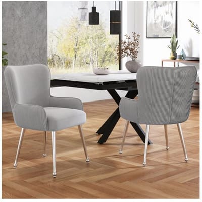 Chaise de salle à manger - Velours gris - Lot de 2 - Accoudoirs - Pieds réglables en métal gris