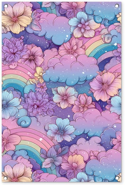 Tuinposter 60x90 cm - Tuindecoratie Regenbogen - Bloemen - Kleurrijk - Wolken - Poster voor in de tuin - Buiten decoratie - Schutting tuinschilderij - Tuindoek muurdecoratie - Wanddecoratie balkondoek