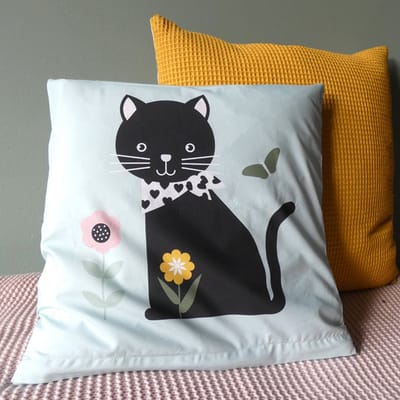 Sierkussen Poesje zwart 40x40 tweezijdig mint groen met rits inclusief vulling voor kinderkamer