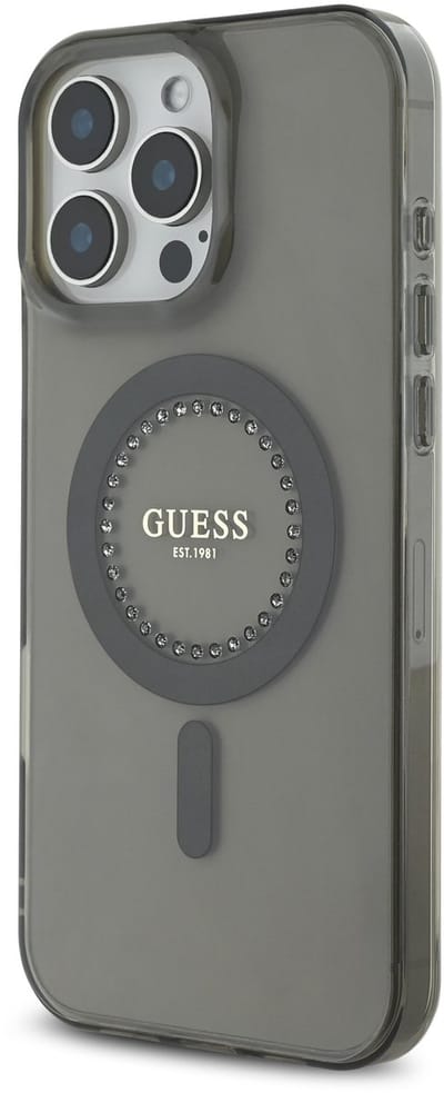 Hoesje geschikt voor Apple iPhone 16 Pro - Guess IML Rhinestones Back Cover - Geschikt voor MagSafe - Zwart