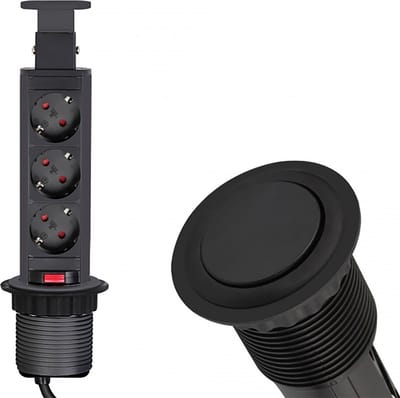 Design Light Liftbox - Verticale Stekkerdoos - 3 stopcontacten - Ø 60mm Inbouw Stekkerblok met 1.8 meter kabel - Zwart