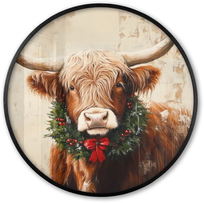 Poster in lijst Rond - Fotolijst 60x60 cm - Posters - Kerst - Schotse Hooglander - Bruin - Krans - Ronde posterlijst zwart - Decoratie - Wanddecoratie woonkamer - Muurdecoratie slaapkamer - Kerstversiering - Kerstdecoratie voor binnen - Kerstmis