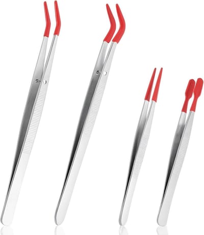 Set van 4 Rubber Tip Pincetten - Lange RVS Pincetten, Gebogen en Platte Tips voor Ambachten, Industrie, Sieraden en Elektronica