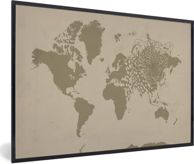 Poster in lijst - Fotolijst 90x60 cm - Posters - Wereldkaart - Bruin - Panter - Posterlijst zwart - Decoratie - Wanddecoratie woonkamer - Muurdecoratie slaapkamer