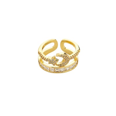 Michelle Bijou - Dubbele Strass ring - Verstelbaar - Met ster en maan - Goldplated