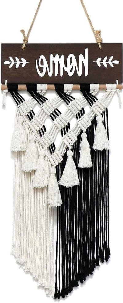 Macramé wandbehang met geweven kwastjes in zwart-wit, boho stijl voor woondecoratie in slaapkamer en woonkamer (koffie)