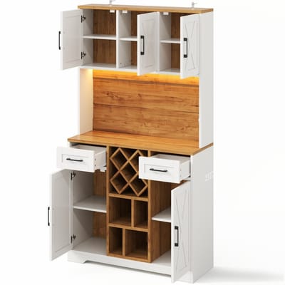 Hoge Keukenkast Met Led Verlichting - Buffetkast Met Wijnrek En Lades - Landelijk Barndeur Design - Woonkamer En Eetkamer - 105x40x180cm Wit