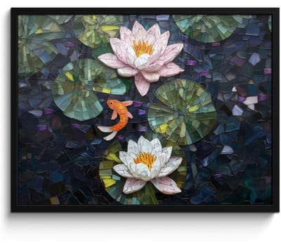 Poster in lijst - Fotolijst 70x50 cm - Posters - Glasstukjes - Leliebladeren - Vis - Oranje - Posterlijst zwart - Decoratie - Wanddecoratie woonkamer - Muurdecoratie slaapkamer