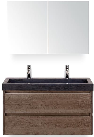 Dante Badmeubelset 100 cm - Tabacco - Wastafel Hardsteen Wit Lucca 2 Kraangaten met Spiegelkast