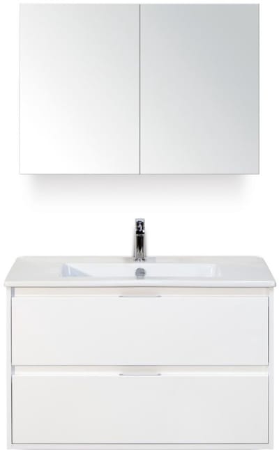 Porto Badmeubelset 90 cm - Wit Hoogglans - Keramische Wastafel Wit Slim met Spiegelkast
