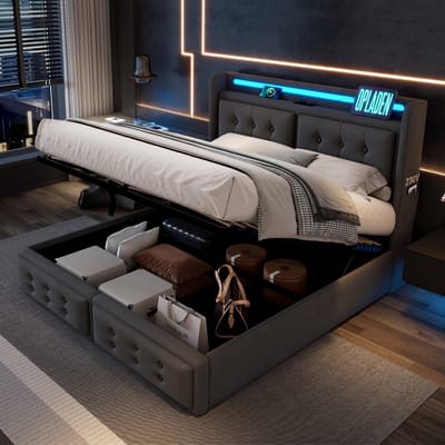 VVBV Gestoffeerd Opbergbed 140x200 cm - LED, USB-C, Hydraulische Opbergruimte, Lattenbodem, Metaalframe, Grijs, Zonder Matras
