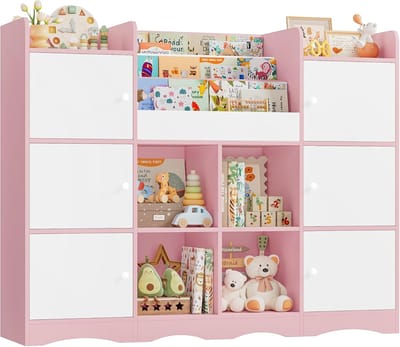 Kinder Opbergrek - Boeken Speelgoedkast - Kinderkamer Organisatie - Veelzijdige Vakkenindeling - 140 x 30 x 106 cm - Roze