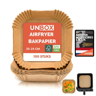UNBOX Airfryer Bakpapier - Airfryer Accessoires - Bakpapier Airfryer - Airfryer Bakjes - Airfryer Bakpapier Vierkant voor Heteluchtfriteuse XL & XXL - 20-24 cm - 100 stuks