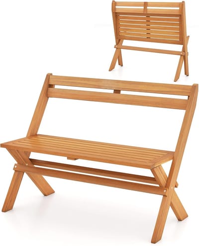 KOMFOTTEU Opklapbare bank voor 2 personen, tuinbank van acaciahout met een draagvermogen van 360 kg, buitenbank voor veranda, balkon, park, 56 x 105 x 80 cm