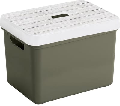 Sunware Opbergbox - donkergroen - 18L - kunststof - met houtkleur deksel - 35 x 25 x 24 cm