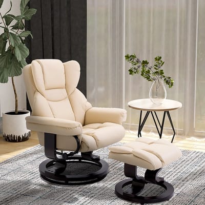 MODFU - Relaxfauteuil Met Hocker - 145° Verstelbaar En 360° Draaibaar - Elegante Uitvoering - Metalen En Houten Basis - Crèmewit