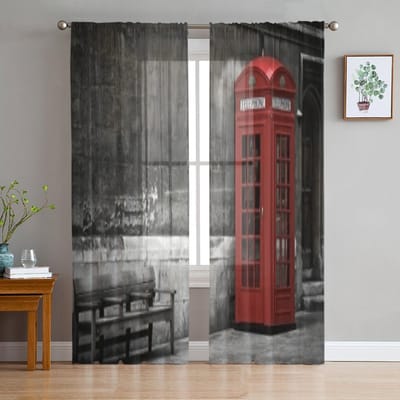 Britse Telefooncel In Londen Verenigd Koninkrijk Tule Transparante Gordijnen voor Woonkamer Keukendecoratie Voile Organza Gordijnen 135W x 114H(cm) black