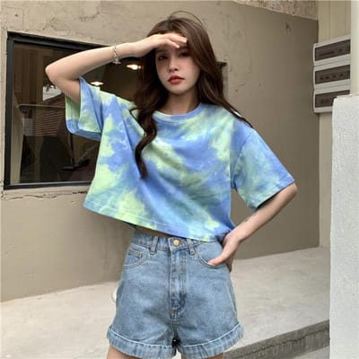 T-shirt à manches courtes tie-dye pour femmes, été nouveau design avec haut court hot girl étudiante dévoilant le nombril 2XL