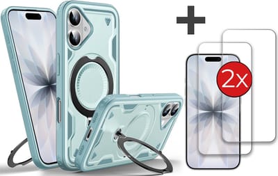 Hoesje Geschikt voor iPhone 17 met 2 Stuks gehard glas Screenprotector - Armor hoes met Ringhouder - Arara backcover - Lake Blauw
