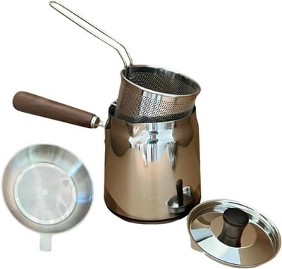 Frituurpan met mand - Roestvrijstalen kookpan - Kamperen en keuken - Gebogen tuit voor gecontroleerde overdracht - 28x35 cm - Zilver