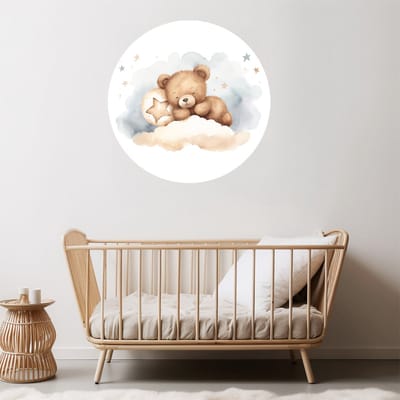 Muurcirkel Beer op wolk - Ø 100 cm - wit - Muurcirkel binnen - Wanddecoratie - muursticker - Babykamer en kinderkamer