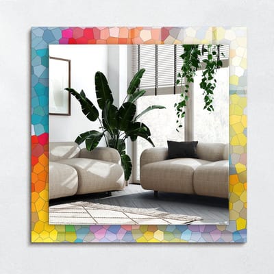 Wallfluent Spiegel - Kleurrijk Abstract Mozaïek Vierkante vorm Spiegel - 60x60 cm - Kleurrijk op gehard Glas - Spiegel met decoratieve opdruk - Woonkamer gang - Badkamerspiegel - Muurspiegel slaapkamer - Scheerspiegel - Klassieke Wandspiegel