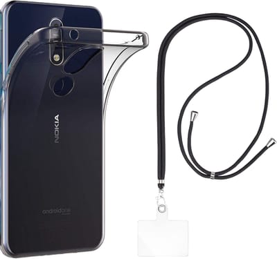 Set met hoesje en nekband voor nokia 7.1 - Flexibele, transparante TPU-bescherming, verstelbare universele nekband voor mobiele telefoons, zwarte nekband, transparante draagriem van Phonillico®