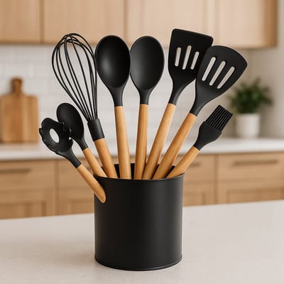 Precisie Home – 12-delige Keukengerei Set – Siliconen & Houten Handgrepen – Inclusief Houder – Hittebestendig & Vaatwasserbestendig