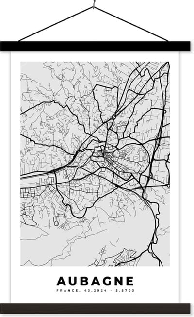 Posterhanger incl. Poster 40x60 cm - Schoolplaat - Kaart - Stadskaart - Aubagne - Plattegrond - Frankrijk - Textielposter - Zwarte latten - Stadskaart