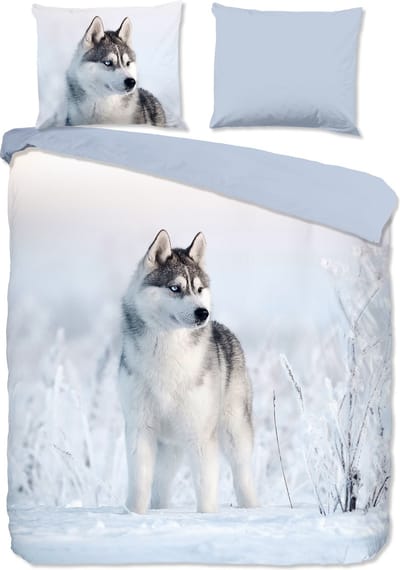 Good Morning dekbedovertrek husky hond - Lits jumeaux 240x200/220 cm - Blauw - 100% Katoen renforce