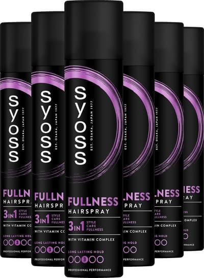 Syoss Fullness - Haarspray - Styling, Verzorging en Herstel - Directe Transformatie - Volle en Volumineuze Look - Dun en Fijn Haar - Voordeelverpakking - 6x300 ml