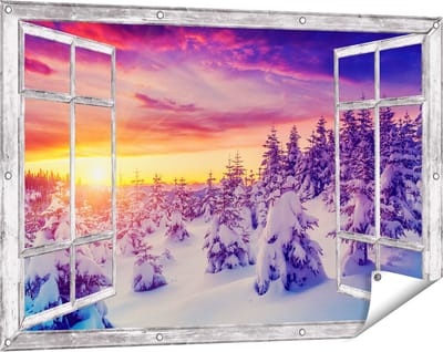 Gards Tuinposter Doorkijk Zonsondergang in het Sneeuw Bos - 120x80 cm - Tuindoek - Tuindecoratie - Wanddecoratie buiten - Tuinschilderij
