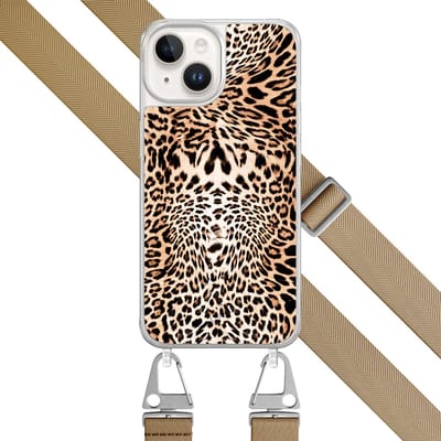 Hoesje met beige koord - Geschikt voor iPhone 14 - Luipaardprint - Verstelbaar & verwisselbaar koord - TPU backcover - Bruin - Leuke Telefoonhoesjes