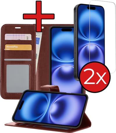 Hoesje - Met 2x Screenprotector - Geschikt voor Apple iPhone 16 - Luxe Pasjeshouder - Flip Case - Bookcase Portemonee - Kunstleer Book Case - Flipcase Hoes - Book Cover - Walletcase - Portemonneehoes - Telefoonhoes - Bruin