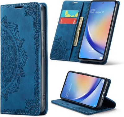 Casemania Hoesje Geschikt voor Samsung Galaxy A14 Navy Blue - Mandala Dunne Portemonnee Book Case - Slim Wallet Case met Pasjeshouder